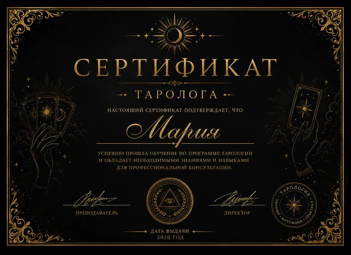 Сертификат таролога Марии, подтверждающий знание классических раскладов и кармических программ